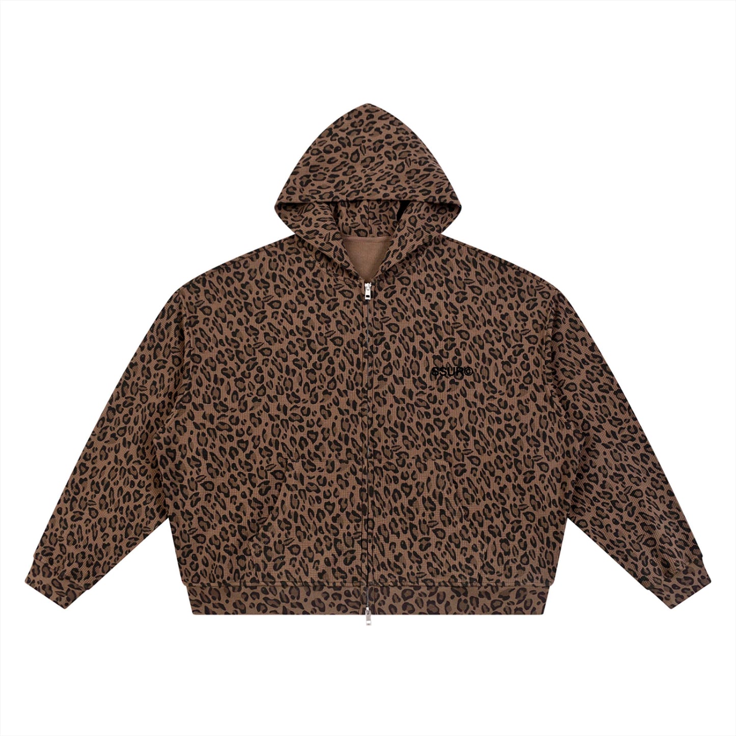 TOP OF THE FOOD CHAIN Leopard Print Waffle Full Zip Hoodie